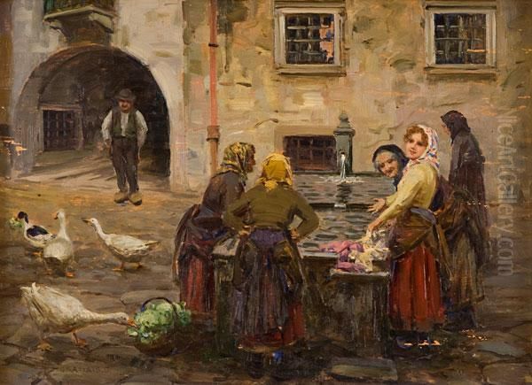 Donne Alla Fonte Oil Painting by Giuseppe Grassis