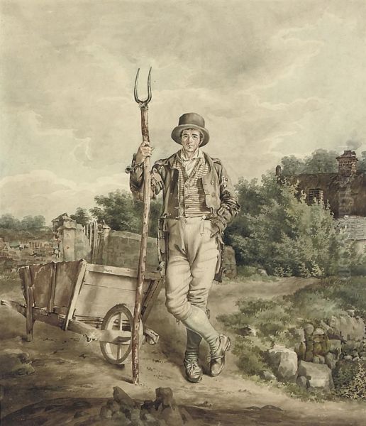 A Farm Labourer With His Pitchfork Standing Oil Painting by William Grattan