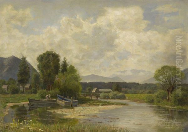 Bauerin Bei Ruderbooten Am Bachufer Oil Painting by Theodor Gratz