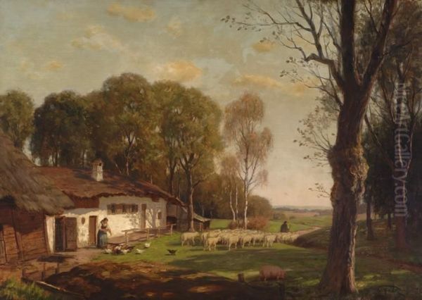 Landscape With Farm Oil Painting by Theodor Gratz