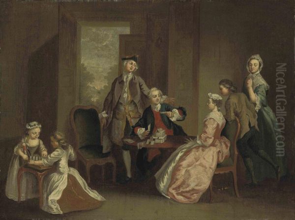 A Conversation Piece With Elegant Figures Playing Cards In An
Interior Oil Painting by Hubert-Francois Gravelot