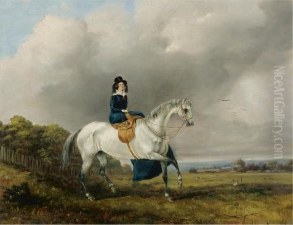 Mrs. Lowe On A Grey Horse Oil Painting by Henry Richard, Hon. Graves