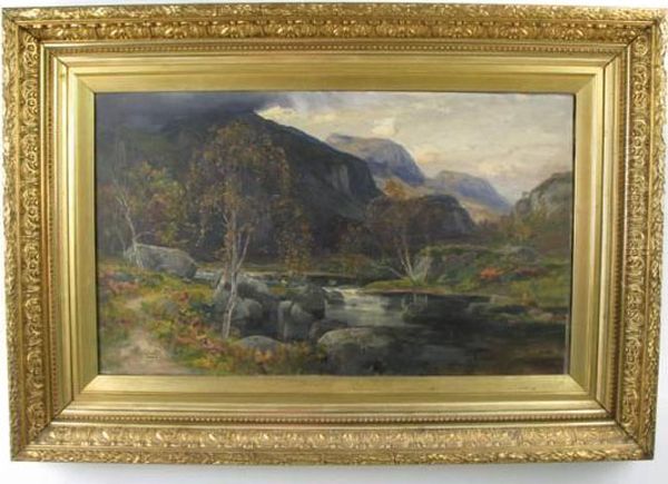 Flyfisherman On Stream In Summer Mountain Landscape Oil Painting by George Gray