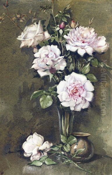 A Vase Of Pink Roses Oil Painting by James Gray