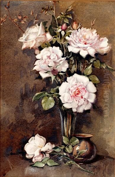 Still Life Of Pale Pink Roses Oil Painting by James Gray