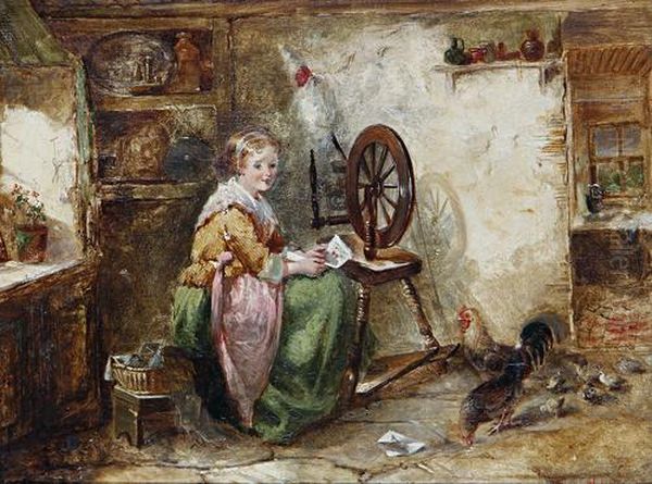 A Girl At Her Spinning Wheel, In A Cottage Interior Oil Painting by Kate Gray