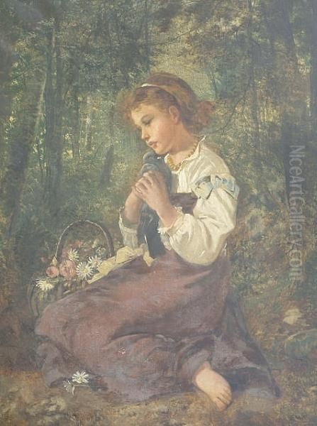 A Girl Seated In A Wood, Clutching A Dove, A Basket Of Flowers By Her Side Oil Painting by Kate Gray