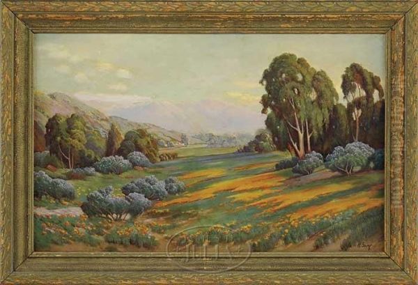 California Poppies And Wild Lilac Near Lompoc, California Oil Painting by Una Gray