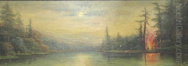 Campfire On A Lake Oil Painting by Una Gray