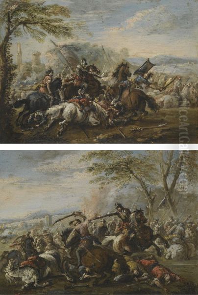 Two Battle Scenes Oil Painting by Ciccio Graziani