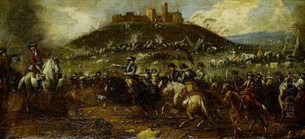 A Cavalry Skirmish, With A Fortified City In The Distance Oil Painting by Ciccio Graziani