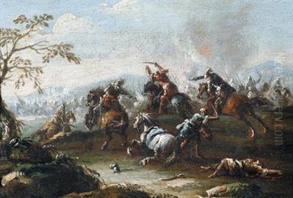 Combattimento Con Un Cavallo Bianco In Primo Piano Oil Painting by Graziani Francesco E Pietro