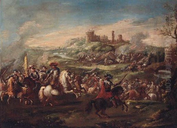 A Cavalry Battle Before A Fortified Town Oil Painting by Pietro Graziani