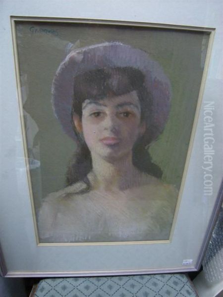 The Mauve Hat - A Portrait Of The Artist's Wife Oil Painting by Leonard Greaves