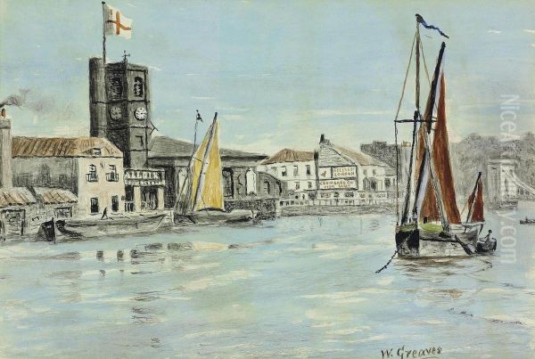 View Of Chelsea Old Church From Across The River Thames At Chelsea Reach Oil Painting by Walter Greaves