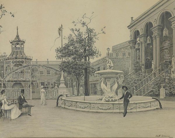 James Abbott Mcneil Whistler And Other Figures Beside The Fountain Oil Painting by Walter Greaves