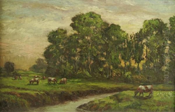 Cattle Grazing At Sunset Oil Painting by William Greaves