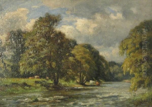 Cattle At The Riverbank Under A Stormysky Oil Painting by William Greaves