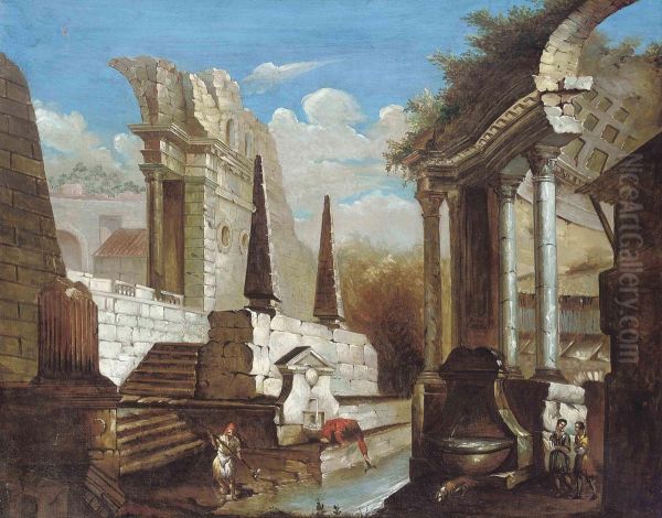 An Architectural Capriccio With A Figures Beside A Fountain Oil Painting by Gennaro Greco, Il Mascacotta