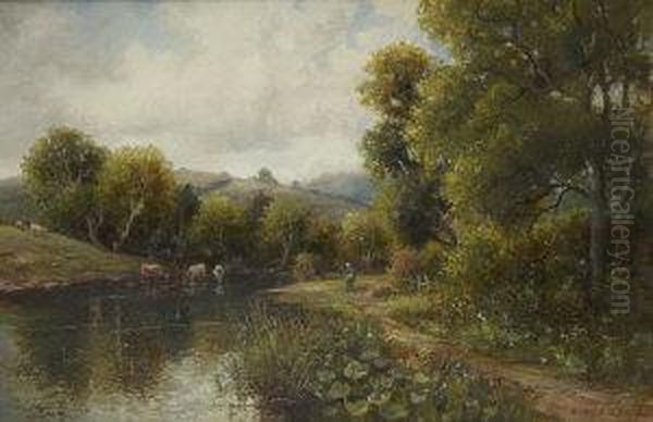 Fishermen In A River Landscape With Cattle Watering Oil Painting by Green