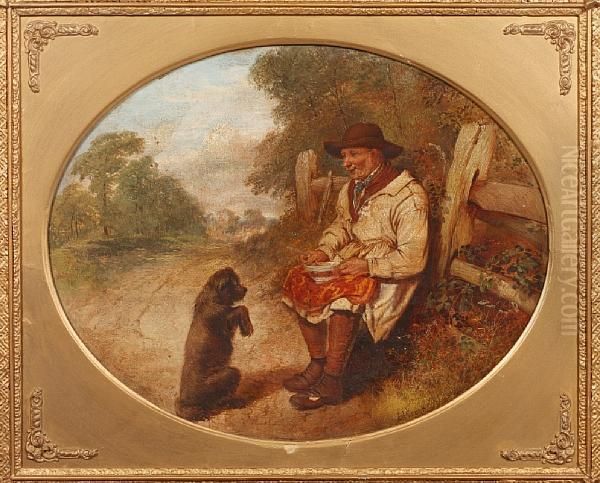 A Countryman's Lunch, With Begging Dog Oil Painting by Alfred H. Green