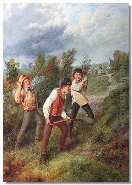 Three Young Farmers In A Landscape Oil Painting by Alfred H. Green