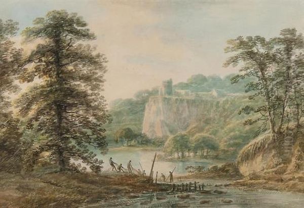 Fisherman In A River Landscape Oil Painting by Amos Green