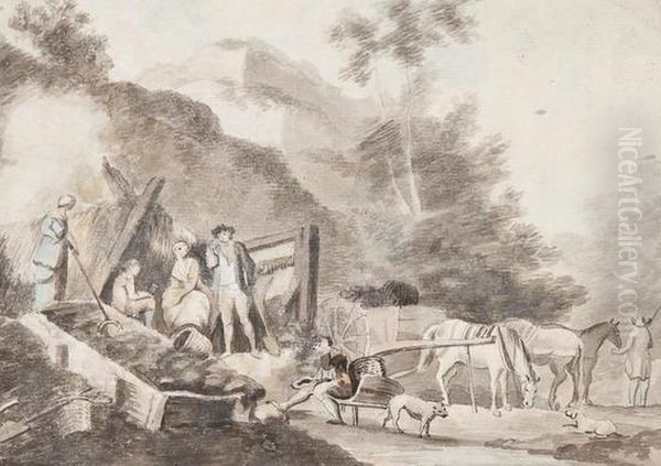 Men And Women At Rest At The Entrance To A Mine Oil Painting by Amos Green