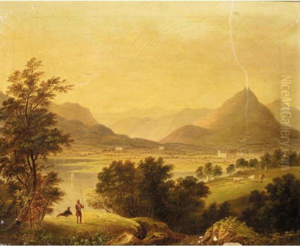 View Of Grassmere Lake, With Gentlemen Fishing In The Foreground Oil Painting by Amos Green