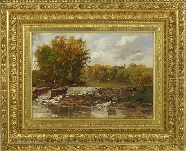 River Landscape With Dam Oil Painting by Charles Edwin Lewis Green