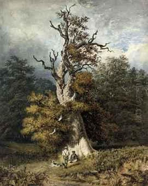 Figures Sheltering Beneath An Oak Tree In Windsor Great Park Oil Painting by Charles Edwin Lewis Green