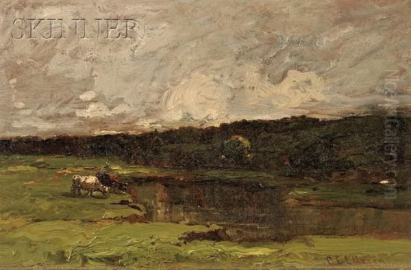 Cows Drinking At A Lake Oil Painting by Charles Edwin Lewis Green