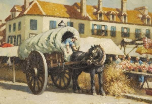 Maiden With Horse Cart At Flower Market In France Oil Painting by Frank Russell Green