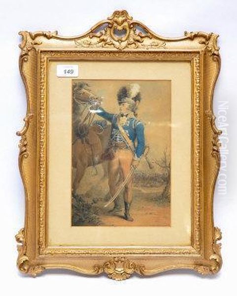 George Lyon, 11th Light Dragoons, With Horse, A Battle Inthe Background Oil Painting by James Green