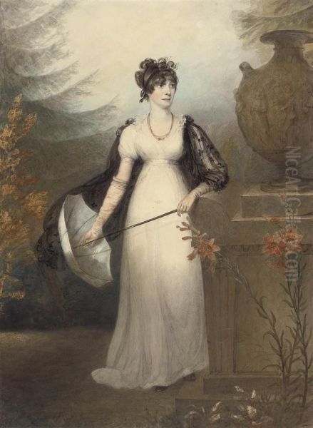 Portrait Of Mrs. Burton Of Lincoln, Full-length, Holding A Parasol, In A Classical Landscape Oil Painting by James Green