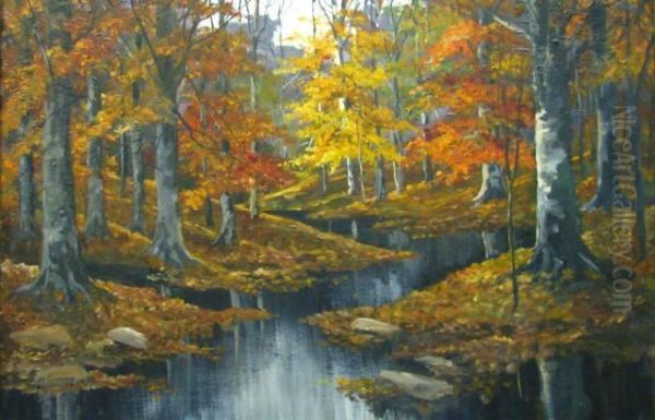 Indiana Autumn Landscape With Creek Oil Painting by John Kenneth Green