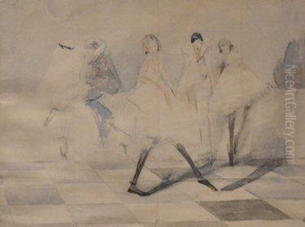 Watercolour Of A Pierrot And Theatrical Dancers Oil Painting by Madeline Green