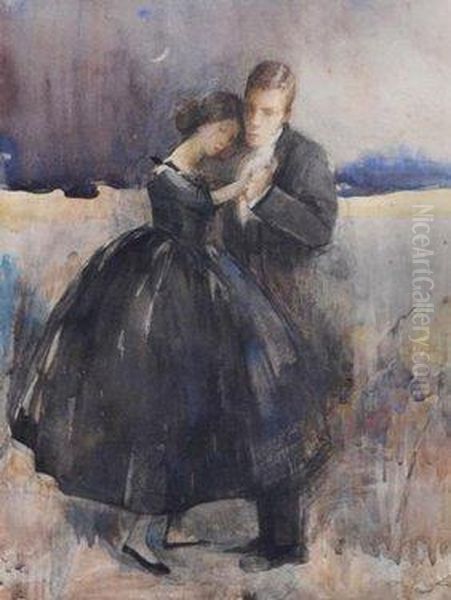 A Young Couple In Evening Dress Dancing Under A New Moon Oil Painting by Madeline Green