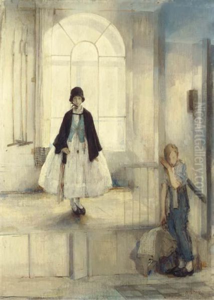 Two Figures In A Stable Oil Painting by Madeline Green