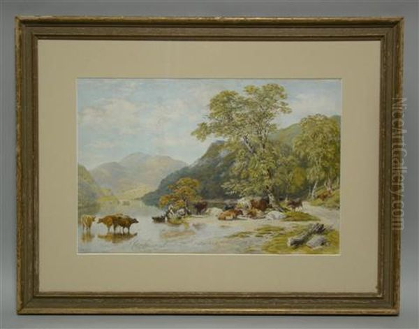 Cattle At The River Bed Oil Painting by Nathaniel Everett Green