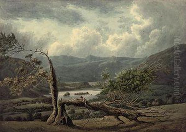 An Extensive Landscape In The Lake District With Figures On Afallen Tree In The Foreground Oil Painting by William Green Of Ambleside