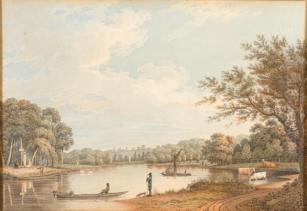 Figures On A Fishing Lake Oil Painting by William Green Of Ambleside