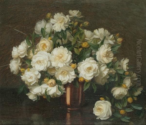 Still Life Of White Roses Oil Painting by Richard Crafton Green