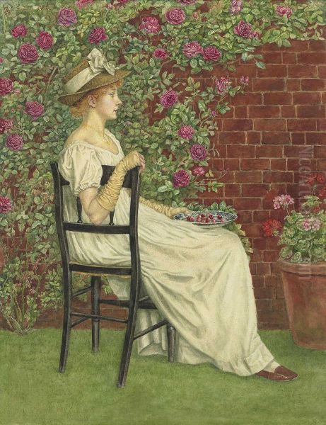 A Young Girl Seated In A Chair Facing Right, Beneath A Bower Ofroses Oil Painting by Kate Greenaway