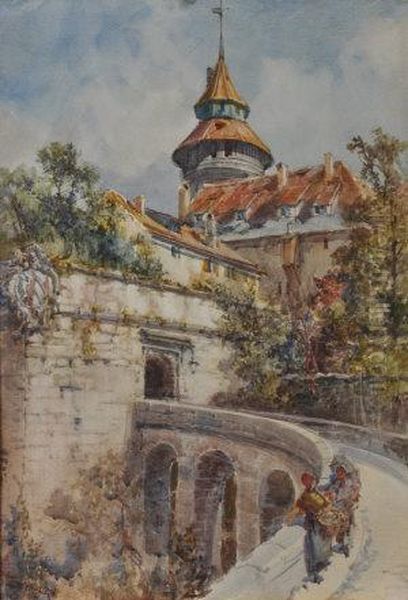 Figures On A Bridge Beneath A Castle Oil Painting by F Greenhalgh