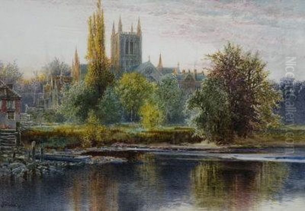 A View Of Hereford Cathedral Oil Painting by Thomas Greenhalch