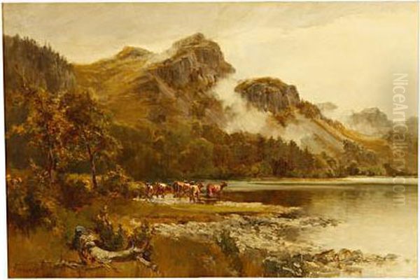 River Landscape With Cattle Watering Oil Painting by Thomas Greenhalch