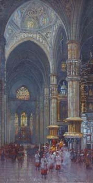 Cathedral Interior With Figures Oil Painting by Thomas Greenhalch