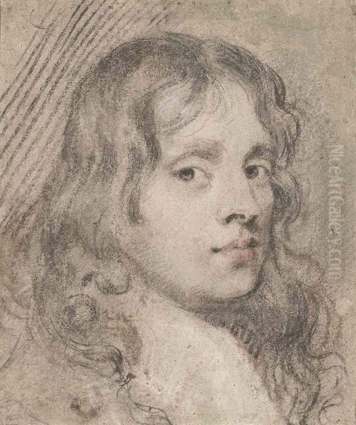 Portrait Study Of A Young Man, Bust-length, With Long Flowinghair Oil Painting by John Greenhill