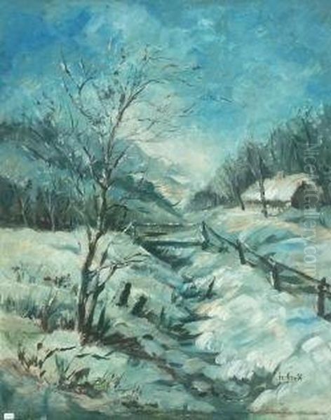 Verschneite Winterlandschaft Mit Bachlauf Und Haus Oil Painting by Johannes Greferath